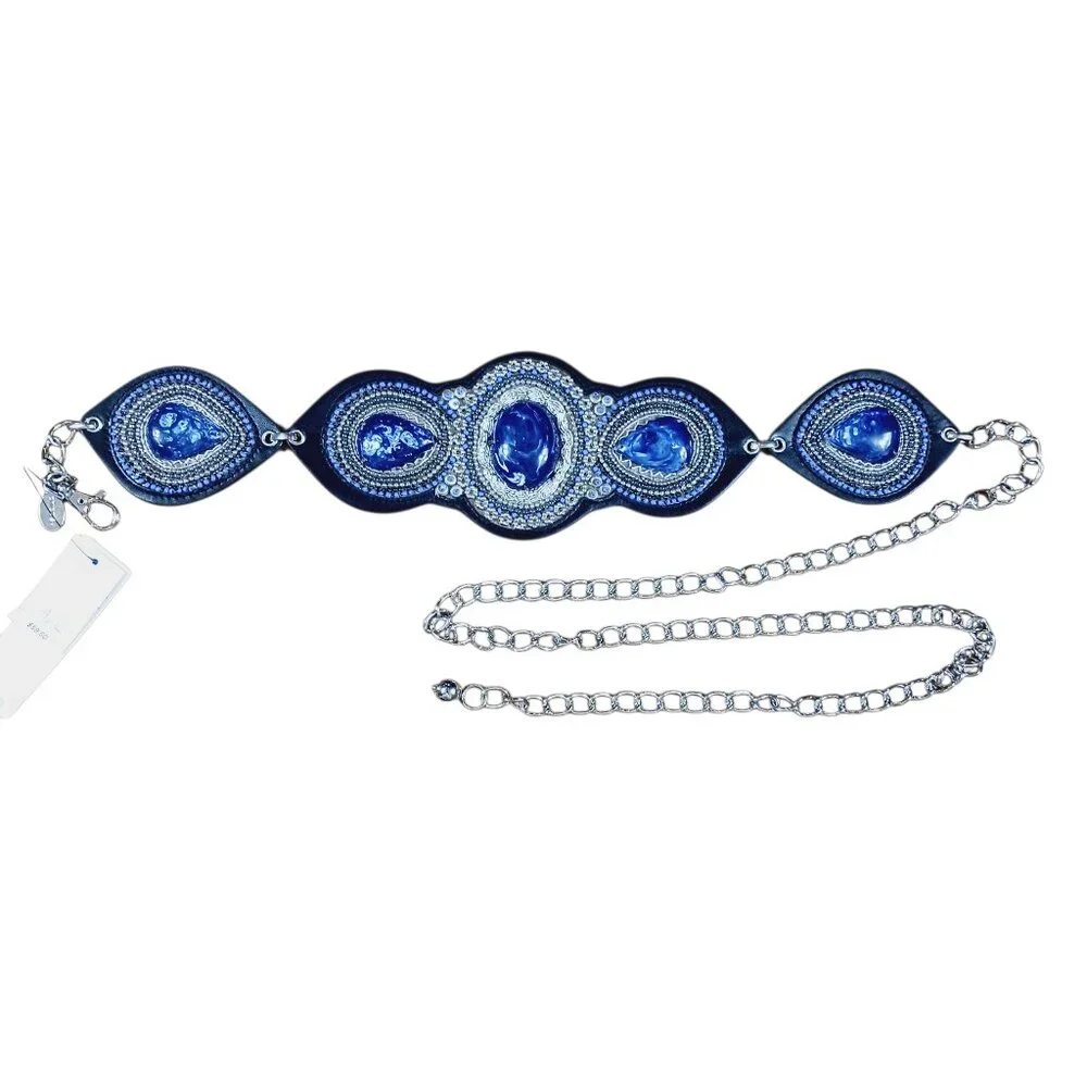 NWT Chico's Blue Faux Stone Silver Chain Link Statement Belt, M/L, Boho, Western